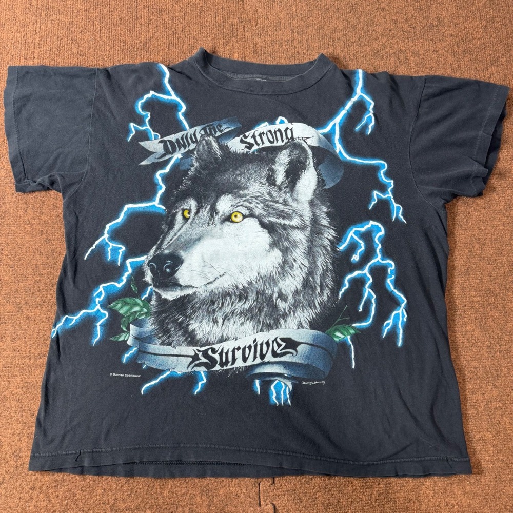 Vintage American Thunder Wolf Shirt Only The Strong Survive Lightning Black Tee